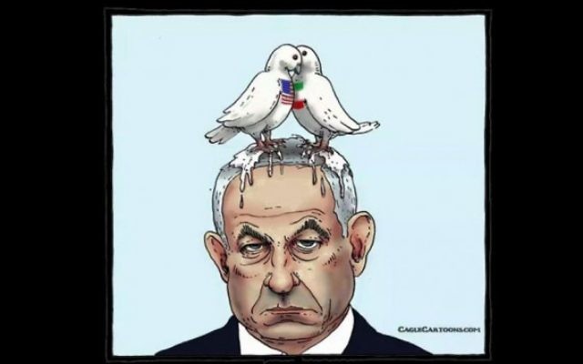 Une bande dessinée de deux colombes portant les drapeaux américain et iranien déféquant sur la tête du Premier ministre Benjamin Netanyahu.  le 27 août 2015 (Crédit : autorisation)