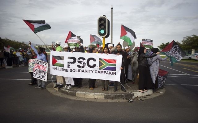 Des personnes brandissant des drapeaux palestiniens et une banderole « Palestine Solidarity Campaign » lors d'une manifestation contre le chanteur américain Pharrell Williams, près du Grand Casino où il tenait un concert au Cap, le 21 septembre 2015 (Crédit : AFP PHOTO / RODGER BOSCH)