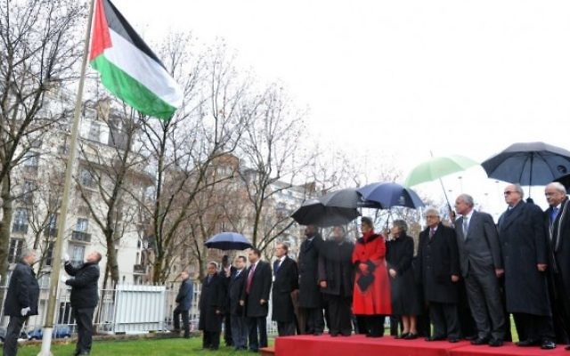 Cérémonie officielle de levée du drapeau palestinien devant le siège de l'Organisation des Nations unies pour l'éducation, la science et la culture (UNESCO) à Paris, pour marquer la pleine admission de la Palestine en tant que 195e membre de l'organisation  en décembre 2011. (Crédit : ONU/UNESCO/Danica Bijeljac )