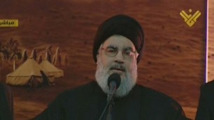 Une capture d'écran d'al-Manar TV de Hassan Nasrallah, faisant un discours lors d'une rare apparition publique, à Beyrouth au Liban, le 3 novembre 2014 (Crédit : AFP / al-Manar)