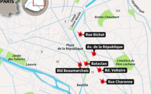 Capture d’écran de la carte de Paris et des attaques simultanées du 13 novembre 2015 (Crédit : AFP/Twitter)
