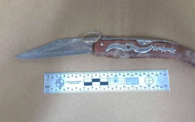 Le couteau utilisé par un Palestinien de 17 ans soupçonné d'avoir poignardé Shlomit Gonen, 65 ans, dans la ville bédouine de Rahat, le 6 février 2015 (Crédit : Police israélienne)