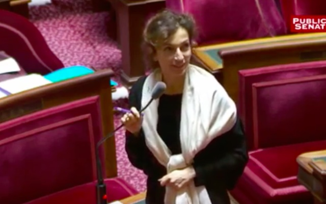 Audrey Azoulay, ministre française de la Culture, au Sénat, le 12 février 2016. (Crédit : capture d'écran YouTube/Public Sénat)