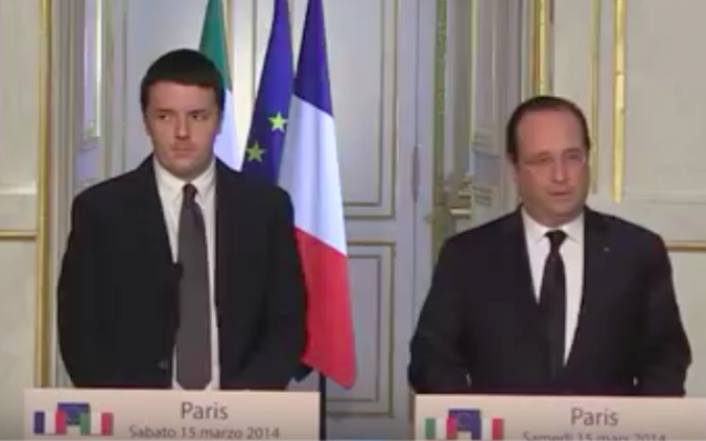 François hollande (d) et Matteo Renzi à l'Élysée, en mars 2014 (Crédit : Capture d’écran YouTube)