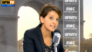 La ministre de l'éducation Najat Vallaud-Belkacem, le 30 septembre 2015 (Crédit : Capture d’écran YouTube/BFMTV)