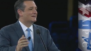 Ted Cruz, sénateur du Texas et candidat républicain à la présidentielle américaine, pendant la conférence politique annuelle de l'AIPAC, à Washington, le 21 mars 2016. (Crédit : capture d'écran AIPAC/JLTV)