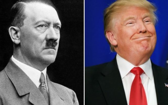 Donald Trump a été plusieurs fois comparé à Adolf Hitler pendant la campagne électorale. (Crédit : Wikimedia Commons, Tom Pennington/Getty Images via JTA)