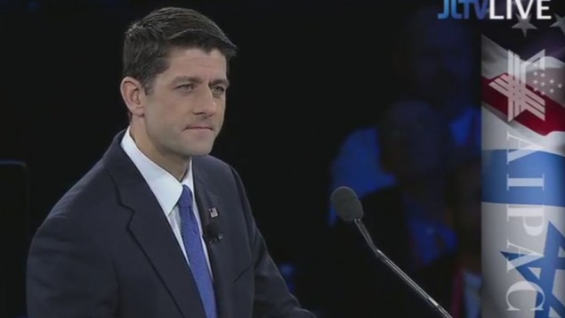 Paul Ryan prend la parole lors d'une conférence de l'AIPAC à Washington le 21 mars 2016. (Crédit photo : capture d'écran AIPAC/JLTV) 