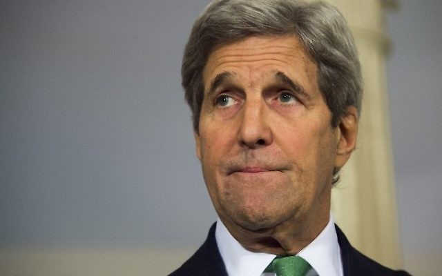 Le Secrétaire d'Etat américain John Kerry, fait une déclaration sur la Syrie au département d'Eta,t à Washington, D.C., le 15 mars 2016. (Crédit : Jim Watson/AFP)