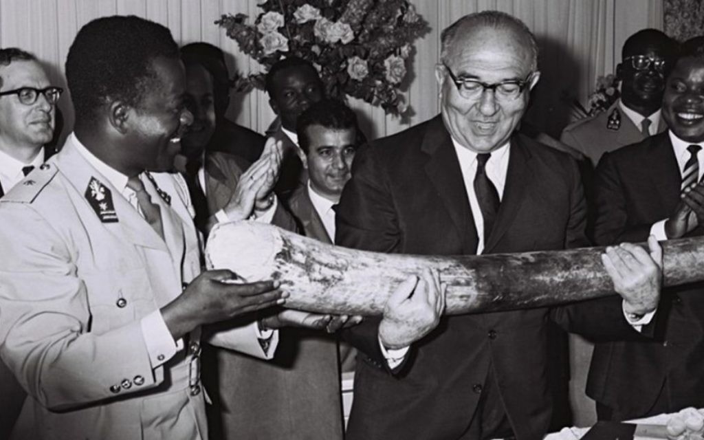 Le Premier ministre congolais, le général Leonard Mulamba, donne au Premier ministre Levi Eshkol une défense d'éléphant pendant une cérémonie près de Kinshasa, en juin 1966. (Crédit : Moshe Fridan/GPO)
