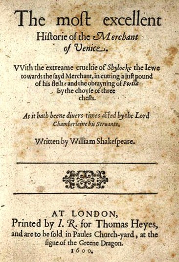 La page de titre de l'in-quarto de 1600 du Marchand de Venise, de William Shakespeare. (Crédit : domaine public/WikiCommons)