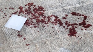 Des tâches de sang sur le trottoir sur la scène d'une attaque au couteau, pendant la Gay Pride annuelle de Jérusalem, le 30 juillet 2015. (Crédit : Eric Cortellessa/Times of Israel)