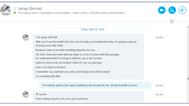 Extrait d'une conversation Skype entre “James C. Bennet” et Wenxuan Su (Crédit : autorisation)