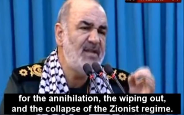 Hossein Salami donne un discours sur la destruction d'Israël, le 1er juillet 2016. (Crédit : capture d'écran MEMRI)