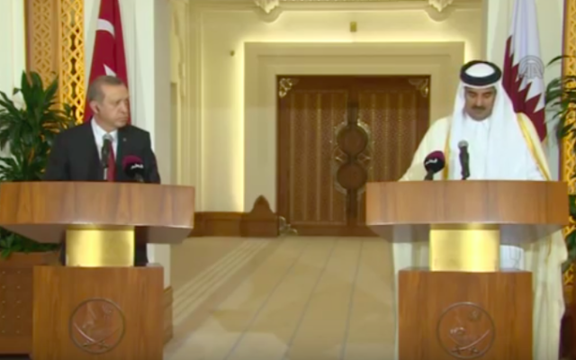 Tamim ben Hamad Al-Thani (d) et Recep Tayyip Erdogan, le 2 décembre 2015 à Doha, au Qatar (Crédit : Capture d’écran YouTube)