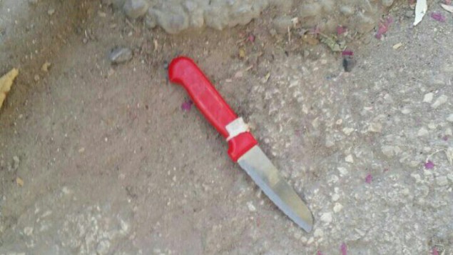 Le couteau qui aurait été utilisé par une Palestinienne pour une tentative d'attaque au couteau à un checkpoint proche du Tombeau des Patriarches à Hébron, le 9 août 2016. (Crédit : police israélienne)