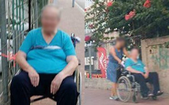 Une vieille dame en fauteuil roulant a été attachée à une clôture devant le centre commercial de Ramat Gan pendant au moins 40 minutes, le 2 août 2016, provoquant une enquête de la police après qu'une passante ait pris une photo (Crédit : la Deuxième chaîne)