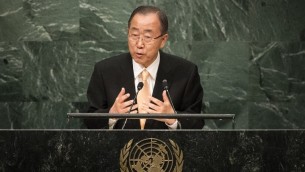 Le secrétaire général des Nations unies Ban Ki-moon devant l'Assemblée générale des Nations unies à New York, le 20 septembre 2016. (Crédit : Drew Angerer/Getty Images/AFP)