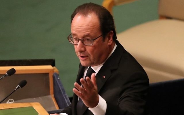 Le président français François Hollande s'adresse à la 71e Assemblée générale des Nations unies à New York, le 20 septembre 2016. (Crédit : John Moore/Getty Images/AFP)