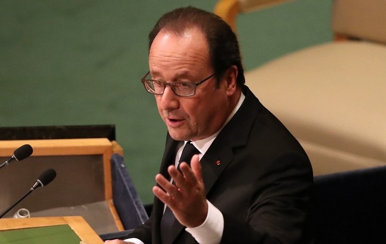 Le président français François Hollande s'adresse à la 71e Assemblée générale des Nations unies à New York, le 20 septembre 2016. (Crédit : John Moore/Getty Images/AFP)