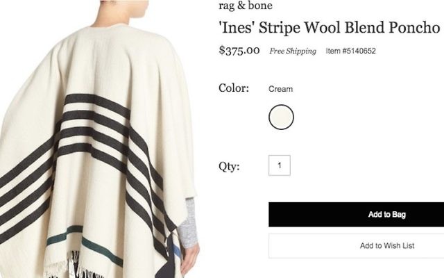 Le poncho 'Ines' de la marque rag & bone ressemble à un talith, un châle de prière juif. (Crédit : capture d'écran Nordstrom)