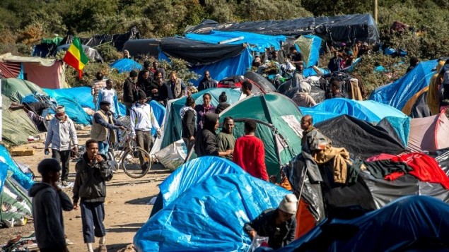 Des migrants sur le site surnommé la "Nouvelle Jungle" où 3 000 personnes se sont installées ; la plupart d'entre eux cherchent désespérément à entrer au Royaume-Uni, à Calais, en France, le 19 septembre 2015. (Crédit : AFP/Philippe Huguen)