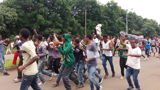 L'Ethiopie au bord du basculement : à Bahir Dar, la capitale de la région d'Amhara, de jeunes hommes manifestent contre le gouvernement dictatorial, le 7 août 2016. (Crédit : Micha Odenheimer) 