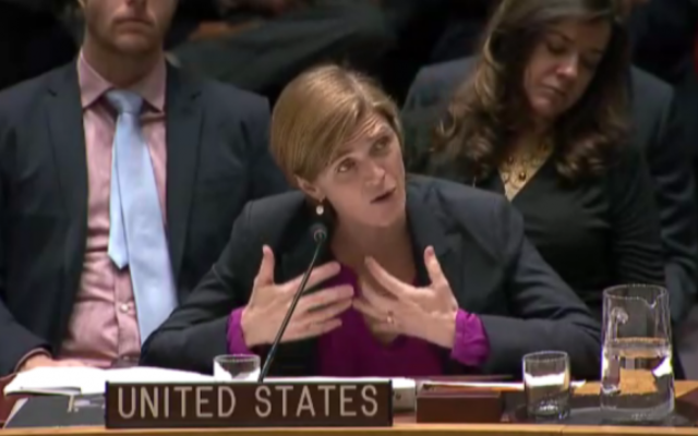 L'ambassadrice des Etats-Unis aux Nations unies, Samantha Power devant le Conseil de sécurité après s'être abstenu sur une résolution anti-implantations, le 23 décembre 2016. (Crédit : capture d'écran Nations unies)