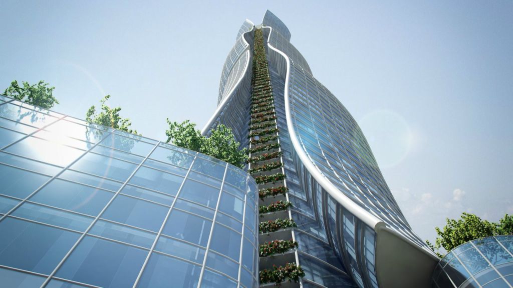 Un gros plan du projet « Entre les villes », un gratte-ciel de 100 étages à Tel Aviv (Crédit : autorisation de Miloslavsky Architects)
