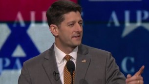 Paul Ryan, le président de la Chambre des représentants des Etats-Unis, pendant la conférence politique annuelle de l'AIPAC, à Washington, D.C., le 27 mars 2017. (Crédit : capture d'écran)
