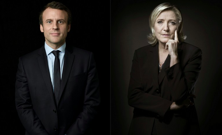 Emmanuel Macron et Marine Le Pen sont qualifiés pour le 2e tour de l'élection présidentielle française, le 23 avril 2017. (Crédit : Eric Feferberg et Joël Saget/AFP)