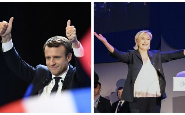Emmanuel Macron, candidat du mouvement En Marche !, et Marine Le Pen, candidate du Front national, au soir du premier tour de l'élection présidentielle française, le 23 avril 2017. (Crédit : Joël Saget et Eric Feferberg/AFP)