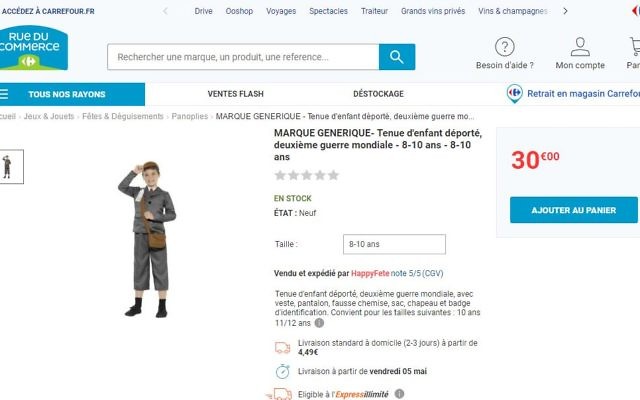 Le site Rue du Commerce, filiale du groupe Carrefour, propose un costume d'enfant déporté, avec badge d'identification, en avril 2017. (Crédit: capture d'écran site Carrefour)