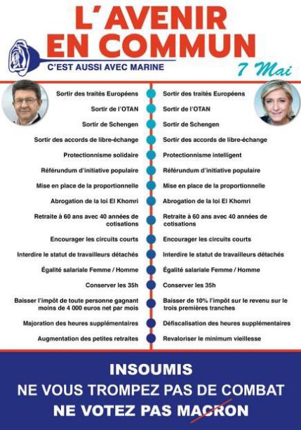 Visuel émanant de militants FN comparant le programme de Marine Le Pen et celui de Jean-Luc Mélenchon afin d'inciter les Insoumis à voter FN (Crédit capture d'écran)