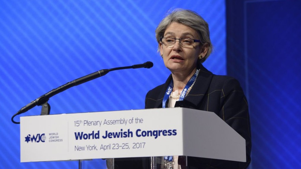 Irina Bokova, directrice générale de l'UNESCO au Congrès juif mondial à New York le 24 avril 2017. (Crédit : Shahar Azran)