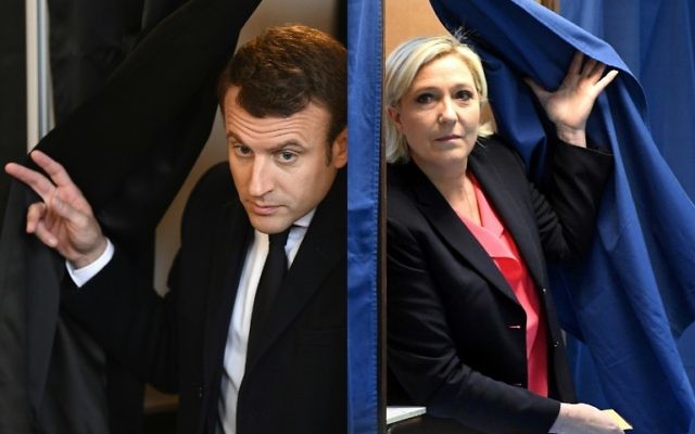 Sortie de l'isoloir pour les deux candidats du second tour de la présidentielle française, au Touquet pour Emmanuel Macron et à Hénin-Beaumont pour Marine Le Pen, le 7 mai 2017. (Crédit : Eric Feferberg et Alain Jocard/Pool/AFP)