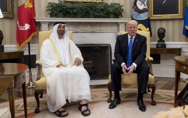 Le président américain Donald Trump avec le prince héritier d'Abu Dhabi Mohammed Ben Zayed Al Nahyan dans le Bureau ovale de la Maison Blanche, le 15 mai 2017. (crédit : Saul Loeb/AFP)