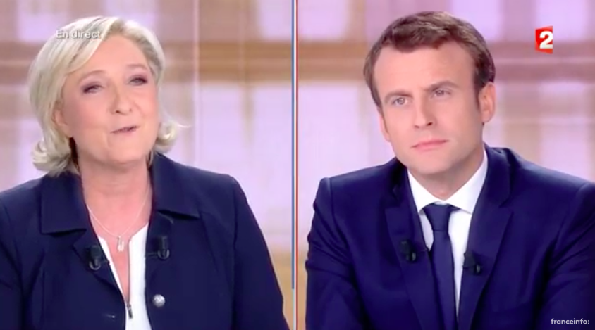 Marine Le Pen et Emmanuel Macron, le 4 mai 2017 (Crédit : Capture d’écran France TVInfo)