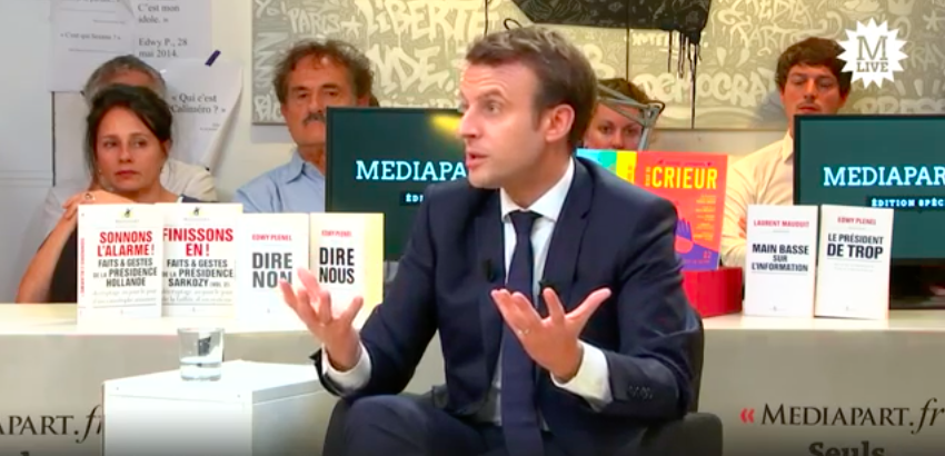 Emmanuel Macron (Crédit : Capture d’écran YouTube/Mediapart)