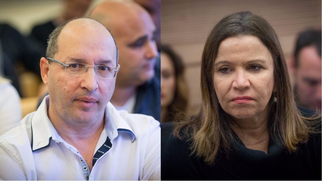 Le président sortant de la Histadrut Avi Nissenkorn, à gauche, et la députée Shelly Yachimovich. (Crédit : Yonatan Sindel/Miriam Alster/Flash90)