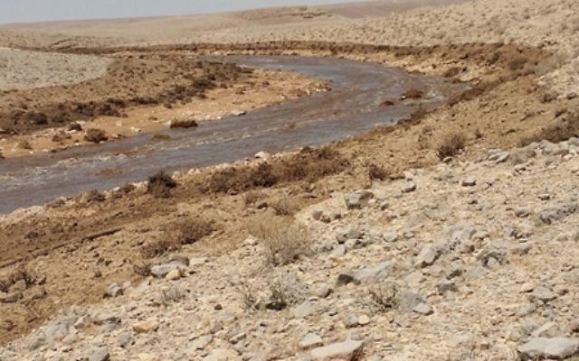 Le cours d'eau boueux d'Ashalim après la fuite de déchets toxiques depuis une usine d'engrais, le 30 juin 2017. (Crédit : ministère de l'Environnement)