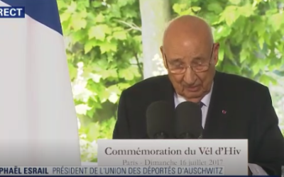 Intervention de Raphaël Esrail, président de l’Union des Déportés d’Auschwitz, le 16 juillet 2017 (Crédit : capture d'écran BFMTV)