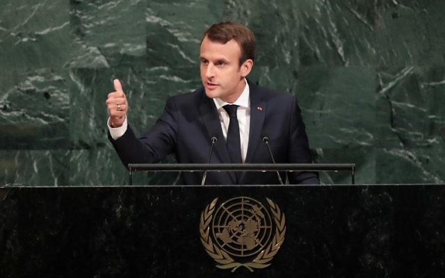 Emmanuel Macron, lors de la 72ème Assemblée générale de l'ONU à New York, le 19 septembre 2017.  (Crédit : Drew Angerer/Getty Images North America/AFP)
