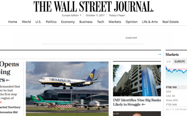 Capture d’écran de la page d'accueil du Wall Street Journal. Illustration