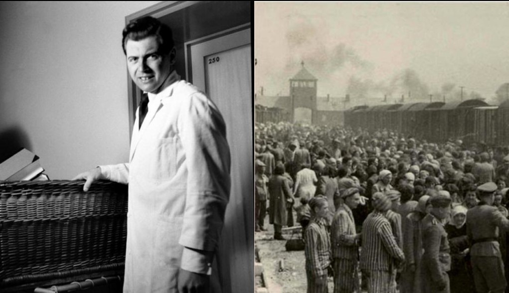 Le médecin nazi Josef Mengele lorsqu'il était jeune médecin et la rampe d'accès à Auschwitz-Birkenau en mai 1944, où Mengele a parfois sélectionné des détenus pour des expérimentations (Crédit : Domaine public)