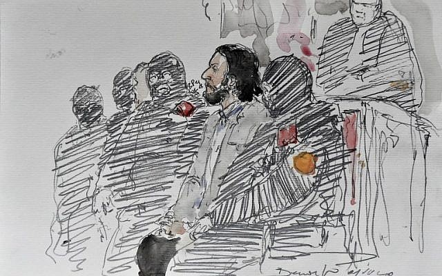 Esquisse de la salle d'audience le 5 février 2018, au Palais de Justice de Bruxelles, où comparait Salah Abdeslam, auteur présumé des attentats du Bataclan. (Crédit : AFP / Benoit PEYRUCQ)