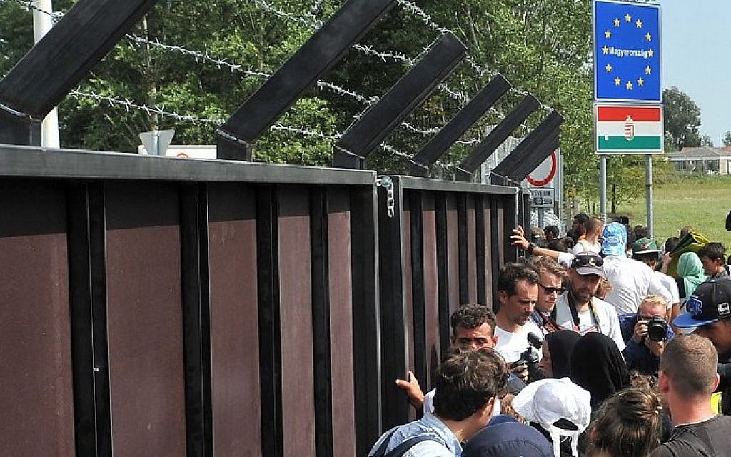 Des migrants et des réfugiés du Moyen-Orient se tiennent à une clôture de 3 mètres de haut au point de passage officiel entre la Serbie et la Hongrie, près de la ville serbe de Horgos, au nord de la Serbie, le 15 septembre 2015. (AFP PHOTO / ELVIS BARUKCIC)