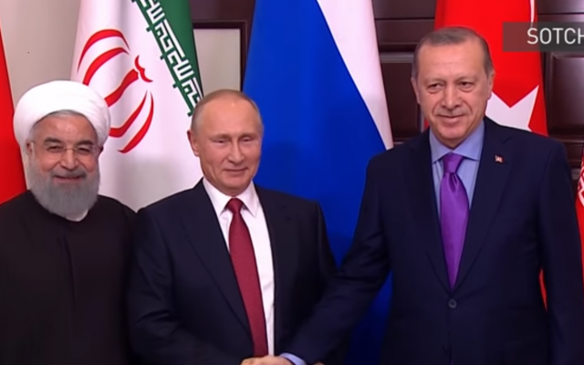 Recep Tayyip Erdogan, Vladimir Poutine et Hassan Rohani à Sotchi, en Russie Capture d'écran : YouTube)