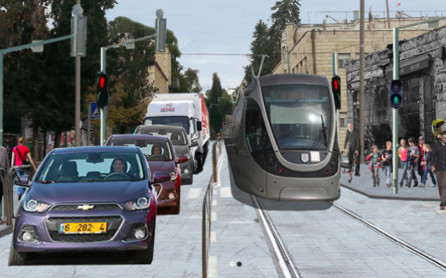 Un aperçu de ce à quoi pourrait ressembler la rue Emek Refaim dans le quartier de la colonie allemande de Jérusalem avec le tramway qui la traverse. (Autorisation de Refaim BaMoshavot)