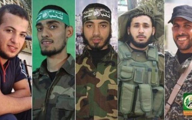 Les dirigeants du groupe terroriste du Hamas ont diffusé les images des membres de son aile militaire qui, ont-ils reconnu, figurent parmi les 16 Gazaouis tués par des tirs israéliens durant des affrontements le long de la barrière de sécurité, le 30 mars 2018.